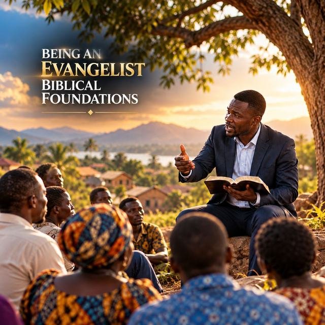 Poster “Being an Evangelist: Biblical Foundations”: a preacher teaching from an open Bible to people seated under a tree