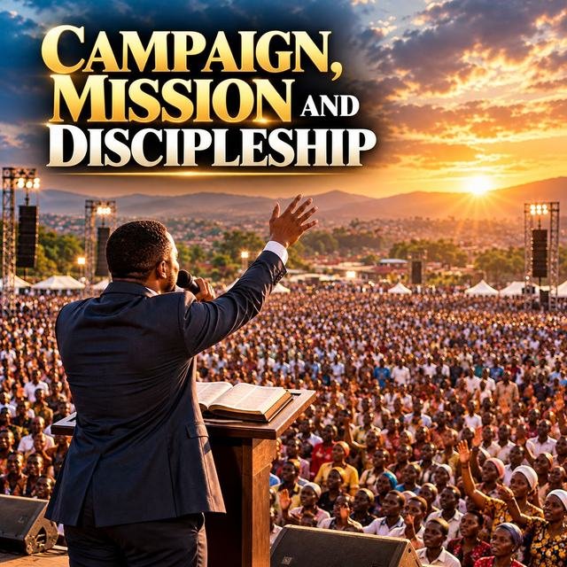 Poster “Campaign, Mission and Discipleship”: a preacher addressing a large open-air crowd at sunset