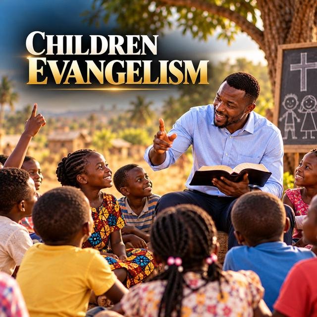 Poster “Children Evangelism”: a teacher sharing a Bible lesson with smiling children outdoors
