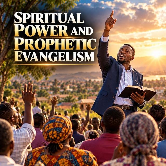 Poster “Spiritual Power and Prophetic Evangelism”: a preacher with a Bible pointing to the sky before a praying crowd